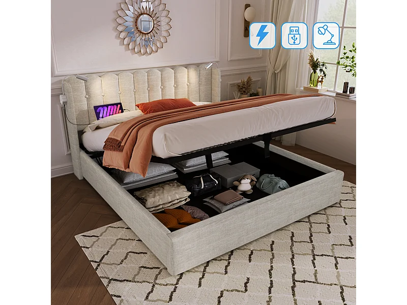 lit coffre 160x200 cm avec sommier - tête de lit rembourré USB et lumière - lin naturel (sans matelas)