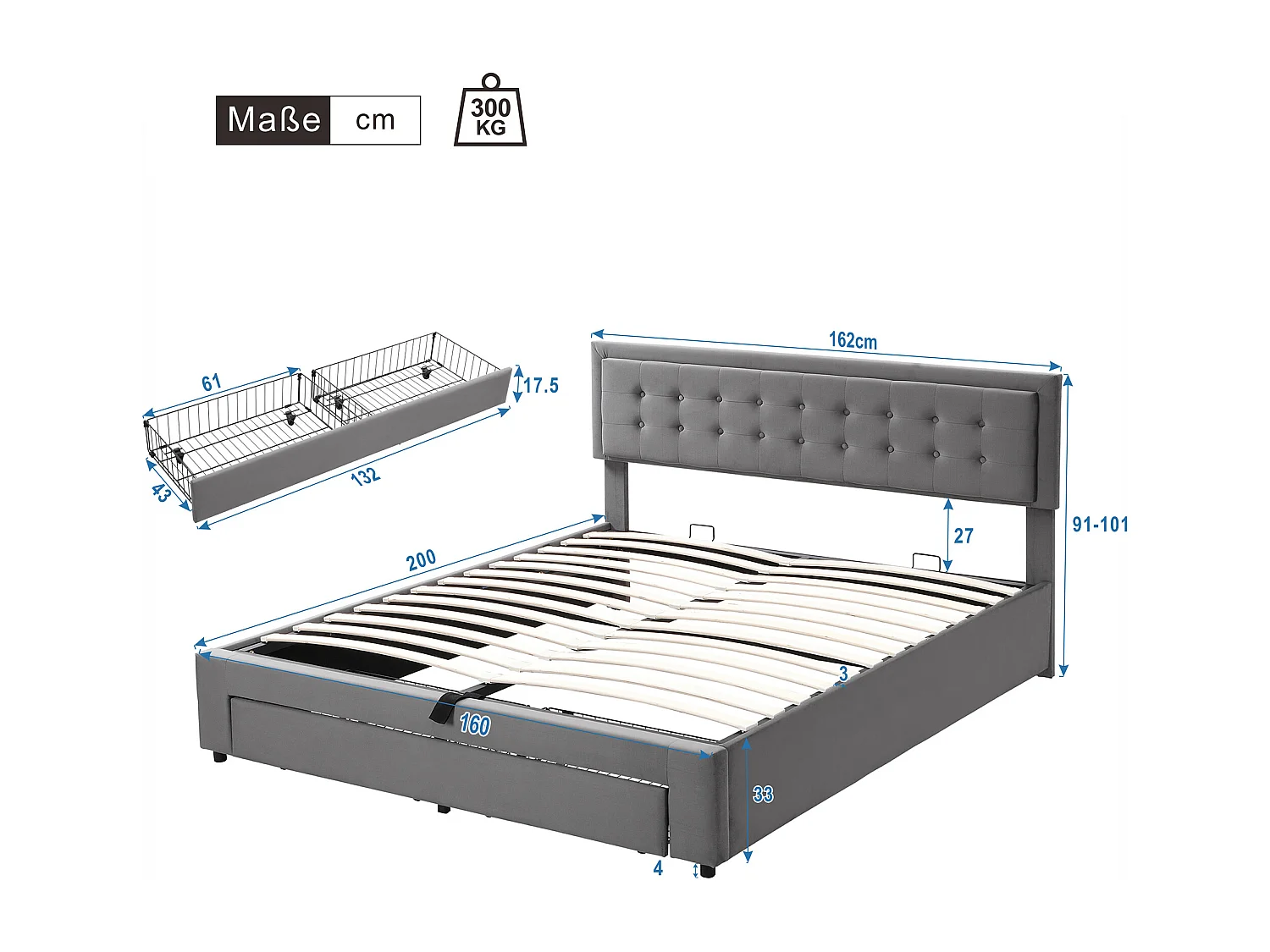 Lit coffre 160x200 cm avec tête de lit réglable et tiroirs, velours gris (Sans matelas)