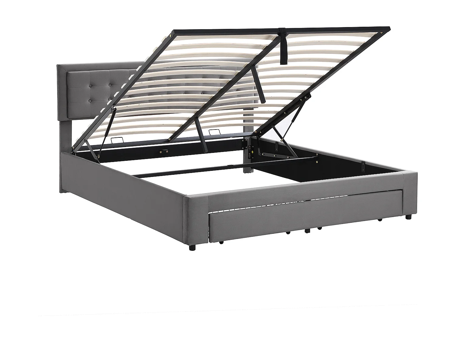 Lit coffre 160x200 cm avec tête de lit réglable et tiroirs, velours gris (Sans matelas)