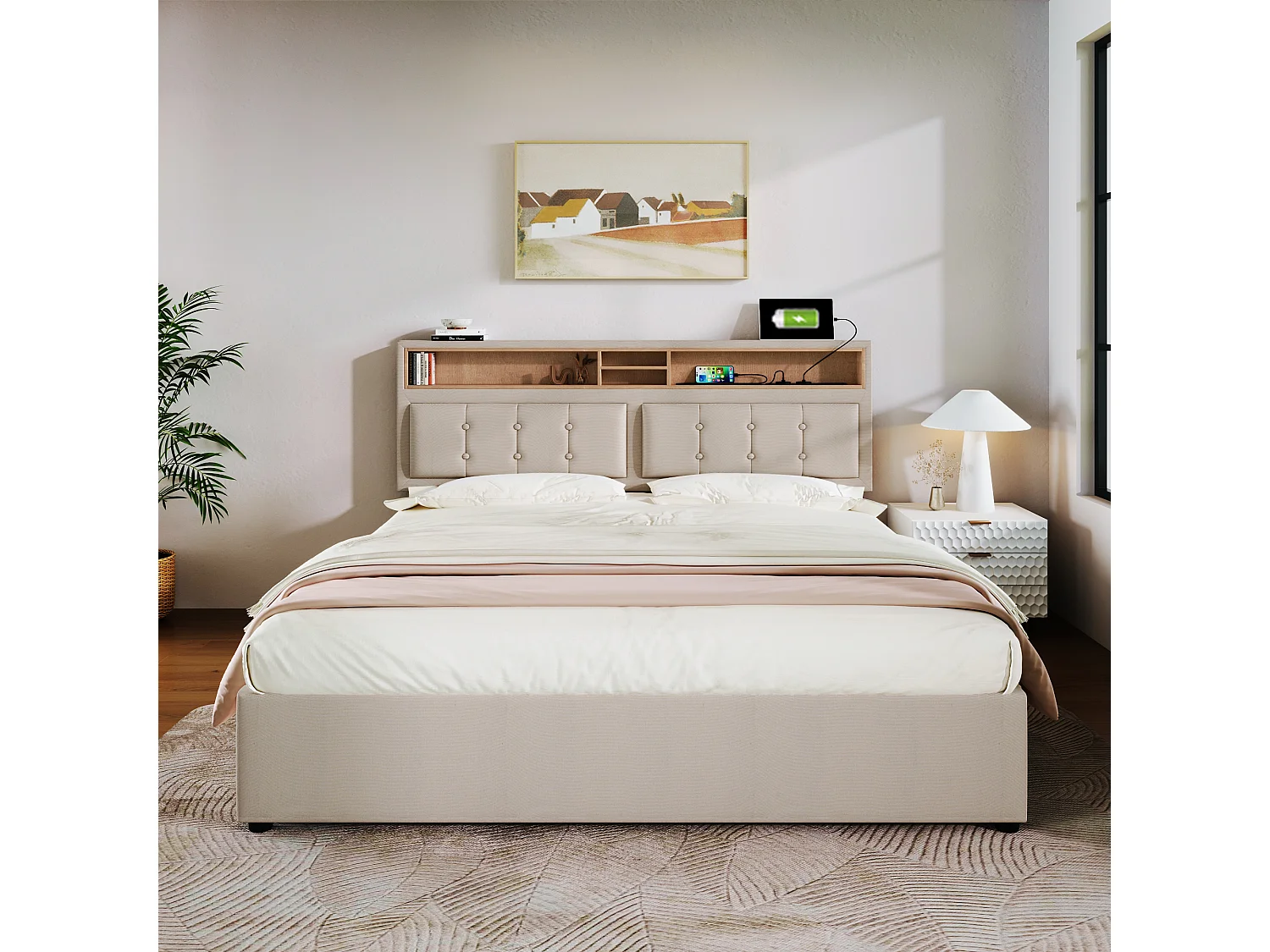Lit coffre 140x200 cm avec tête de lit réglable, prises et USB, lin beige (Sans matelas)