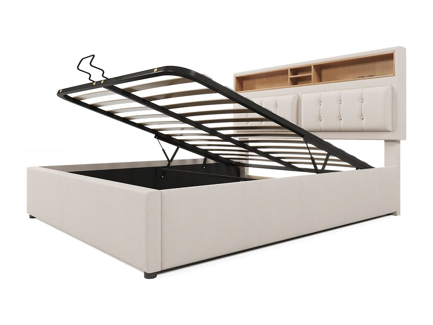 Lit coffre 140x200 cm avec tête de lit réglable, prises et USB, lin beige (Sans matelas)