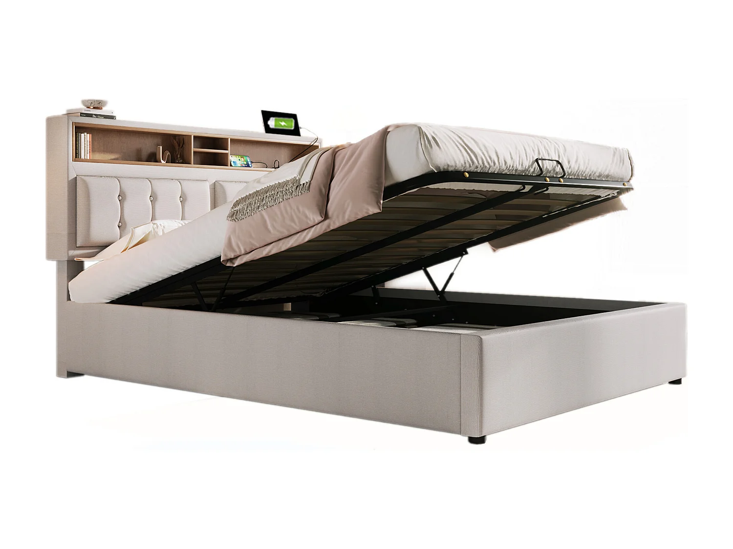 Lit coffre 140x200 cm avec tête de lit réglable, prises et USB, lin beige (Sans matelas)