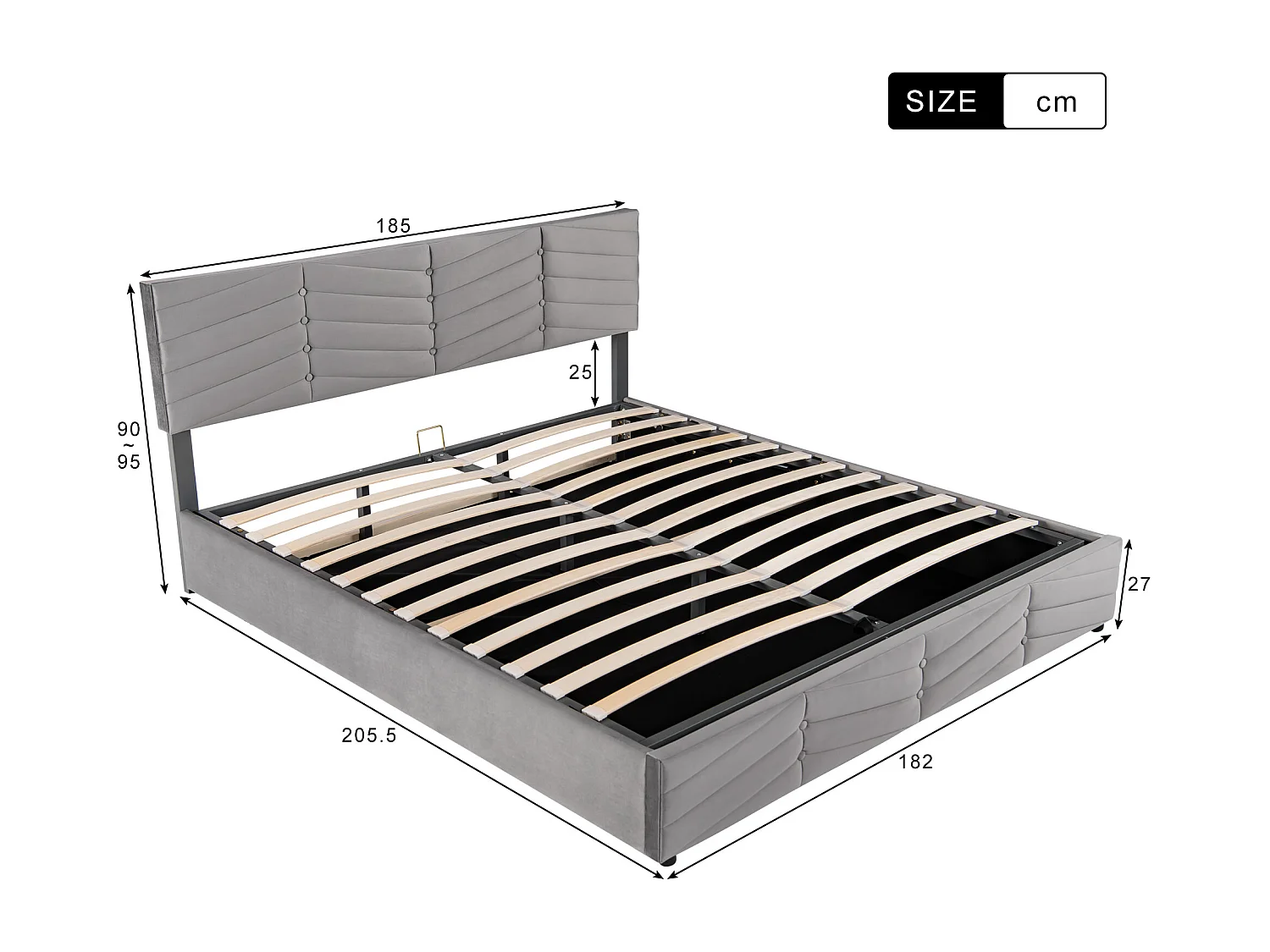 Lit coffre 180x200 cm avec coffre hydraulique, tête de lit réglable, velours gris (Sans matelas)