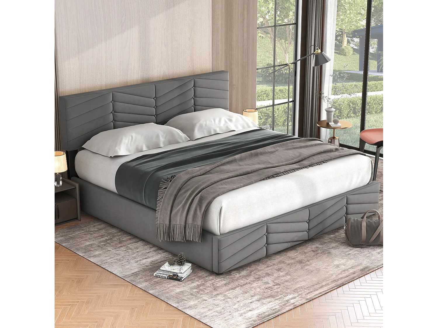 Lit coffre 180x200 cm avec coffre hydraulique, tête de lit réglable, velours gris (Sans matelas)