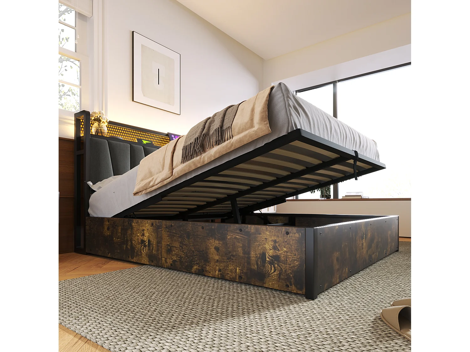Lit coffre 160x200 cm, tête de lit LED avec USB et prises, avec matelas, lin gris(Sans matelas)