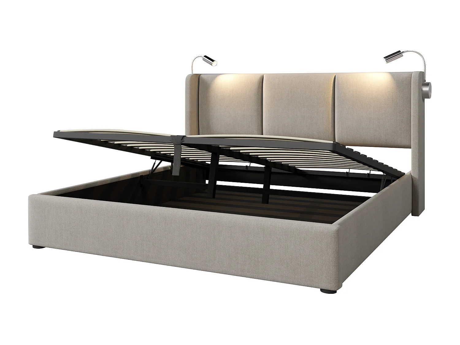 Lit coffre 140x200 cm, lampe de lecture et USB intégrés, sommier relevable, lin beige(Sans matelas)