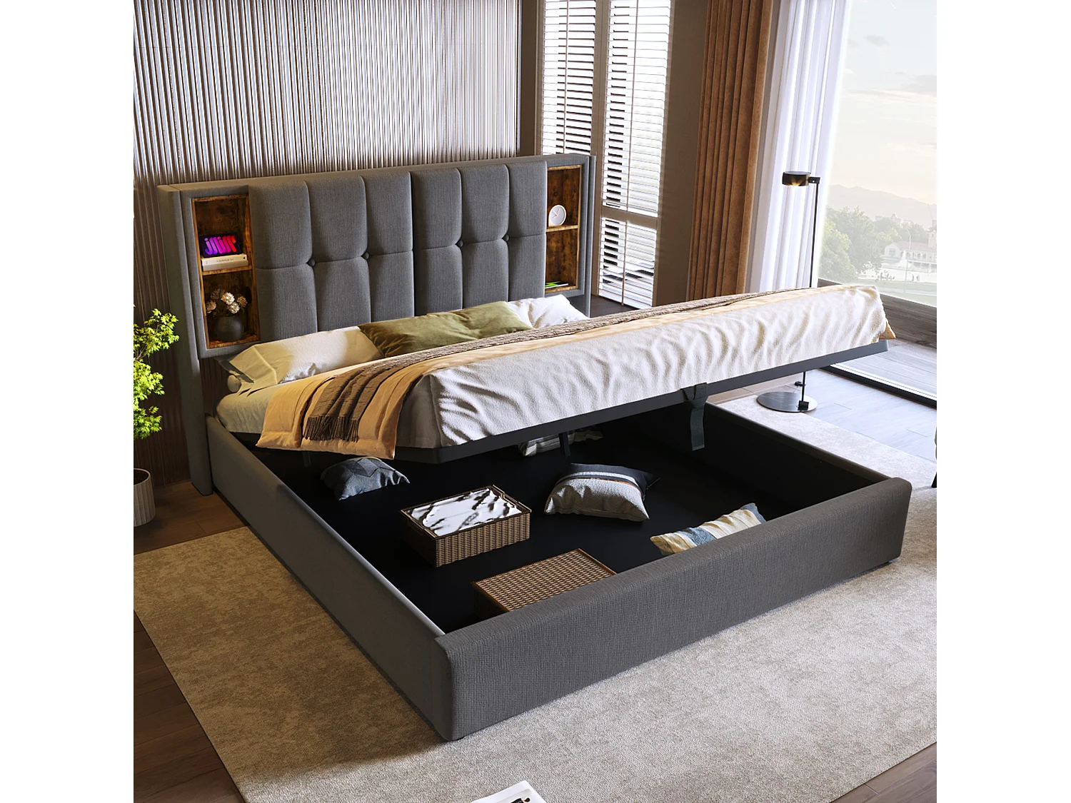 Lit coffre 160x200 cm avec matelas, charge sans fil, USB et USB C, tête de lit avec rangements, coton gris (Sans matelas)