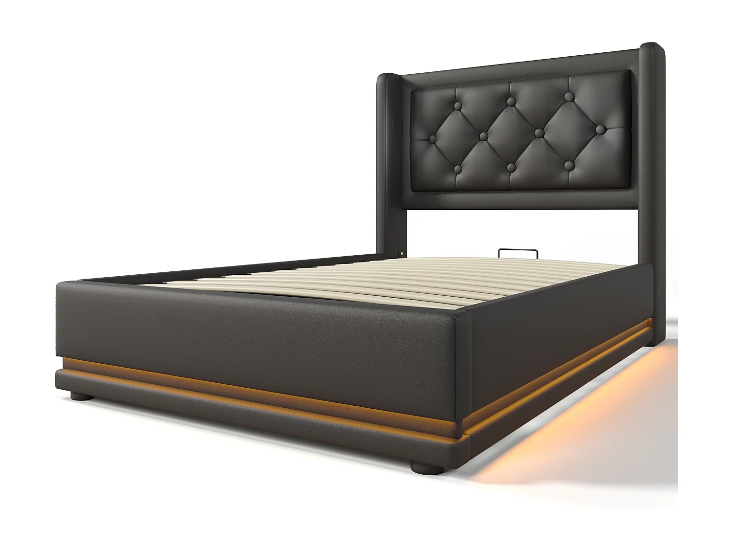 Lit coffre 90x200 cm avec sommier - tête de lit capitonnée avec USB et LED - similicuir - noir (sans matelas)