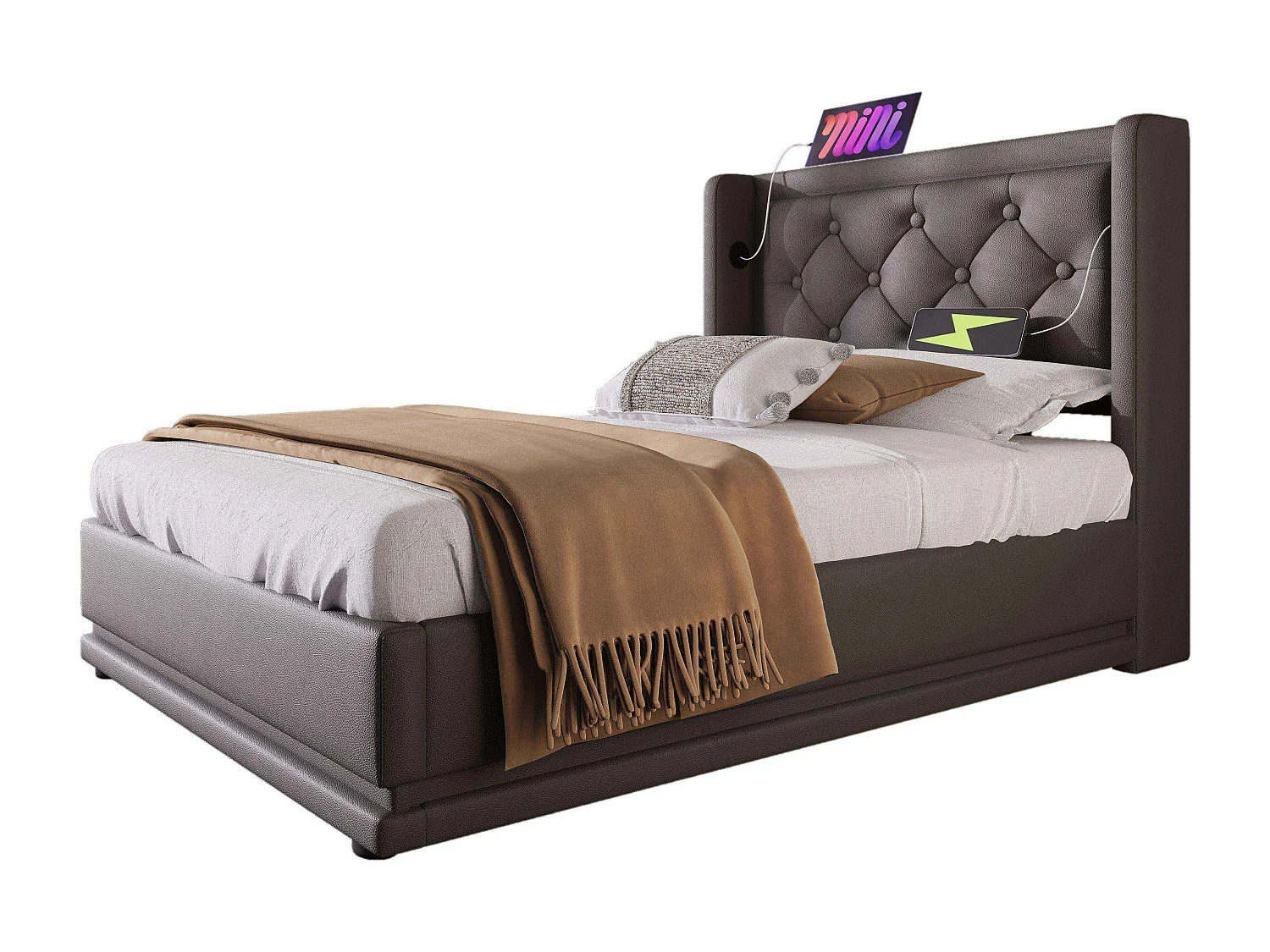 Lit coffre 90x200 cm avec sommier - tête de lit capitonnée avec USB et LED - similicuir - noir (sans matelas)