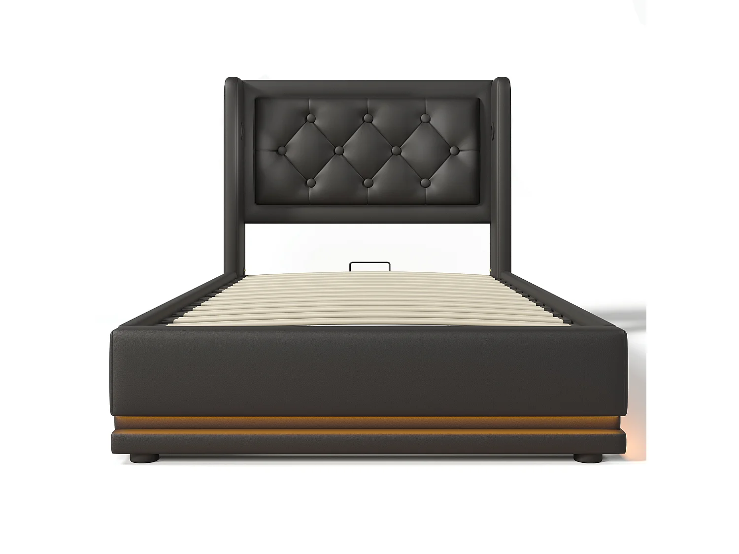 Lit coffre 90x200 cm avec LED 3 côtés et ports USB Type C, revêtement PU noir (Sans matelas)