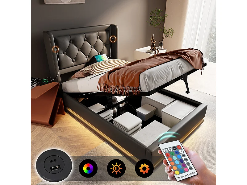 Lit coffre 90x200 cm avec sommier - tête de lit capitonnée avec USB et LED - similicuir - noir (sans matelas)