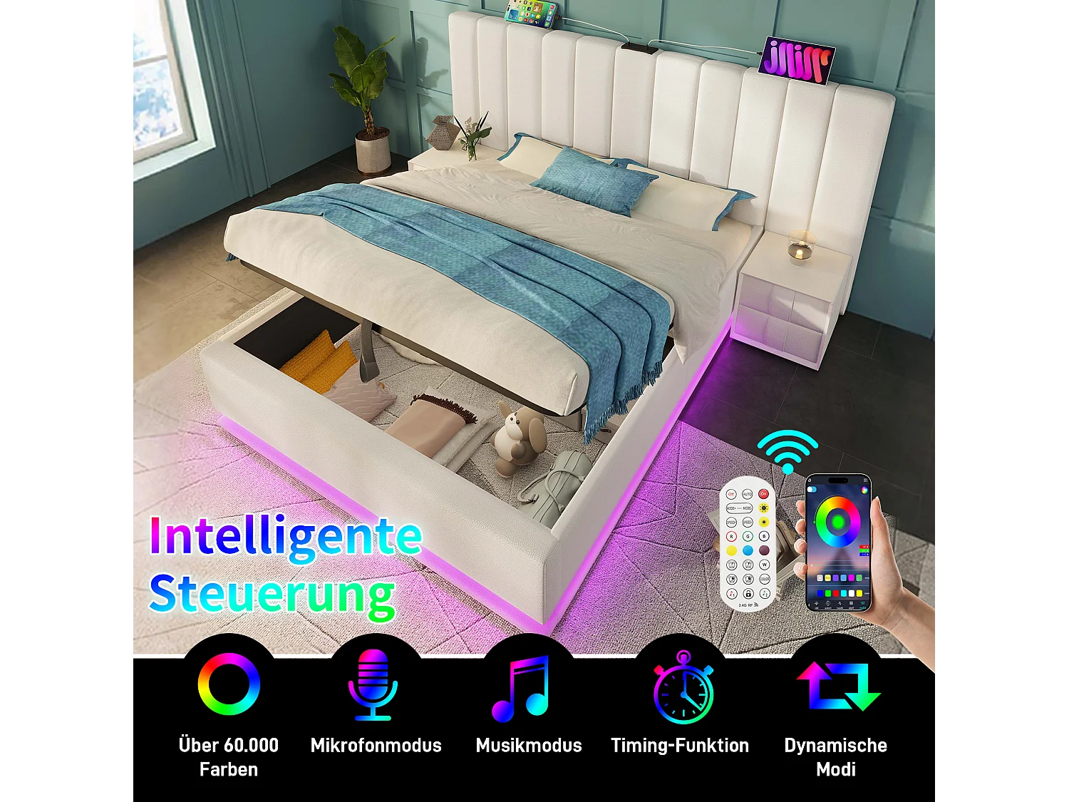 Lit Coffre 160x200cm avec LED USB Espace de rangement Sommier à lattes en bois en blanc pour adultes et enfants et adolescents