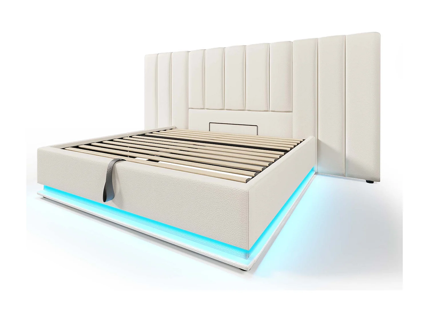 Lit coffre 160x200 cm avec LED 360° et charge USB Type C, sommier à lattes en PU blanc (Sans matelas)