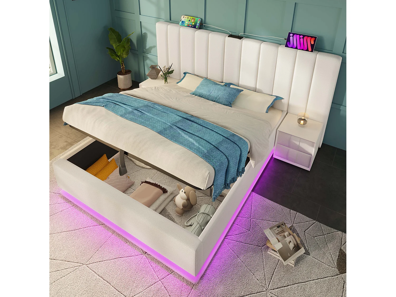Lit coffre 160x200 cm avec LED 360° et charge USB Type C, sommier à lattes en PU blanc (Sans matelas)