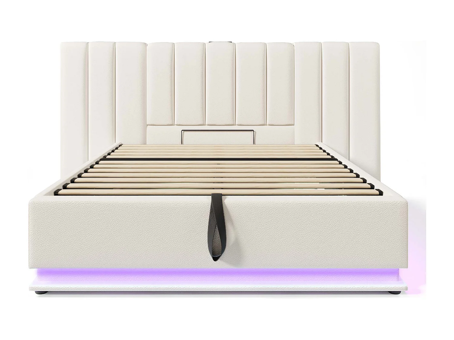 Lit coffre 160x200 cm avec LED 360° et charge USB Type C, sommier à lattes en PU blanc (Sans matelas)