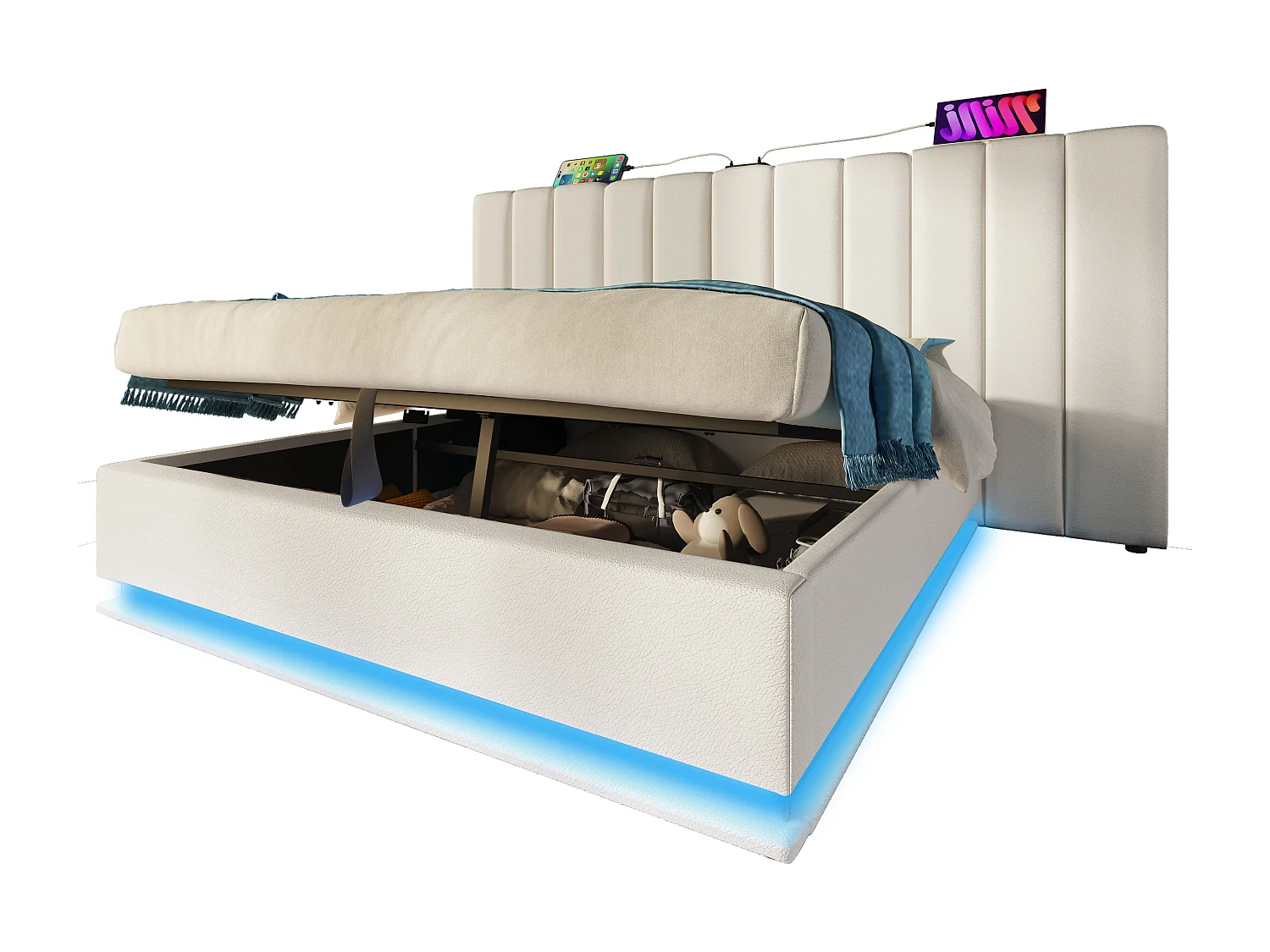 Lit coffre 160x200 cm avec LED 360° et charge USB Type C, sommier à lattes en PU blanc (Sans matelas)