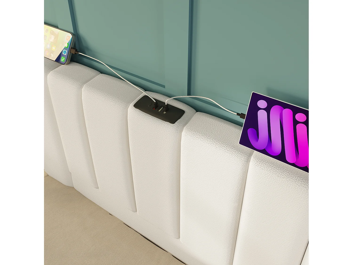 Lit coffre 160x200 cm avec LED 360° et charge USB Type C, sommier à lattes en PU blanc (Sans matelas)