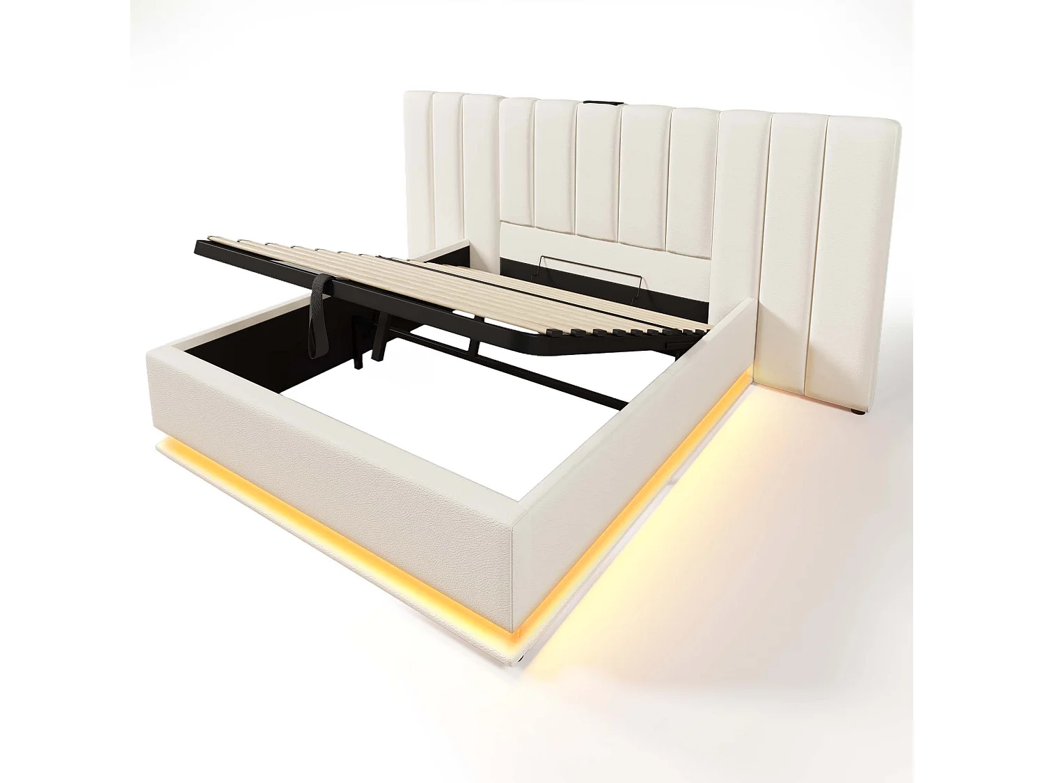 Lit coffre 160x200 cm avec LED 360° et charge USB Type C, sommier à lattes en PU blanc (Sans matelas)
