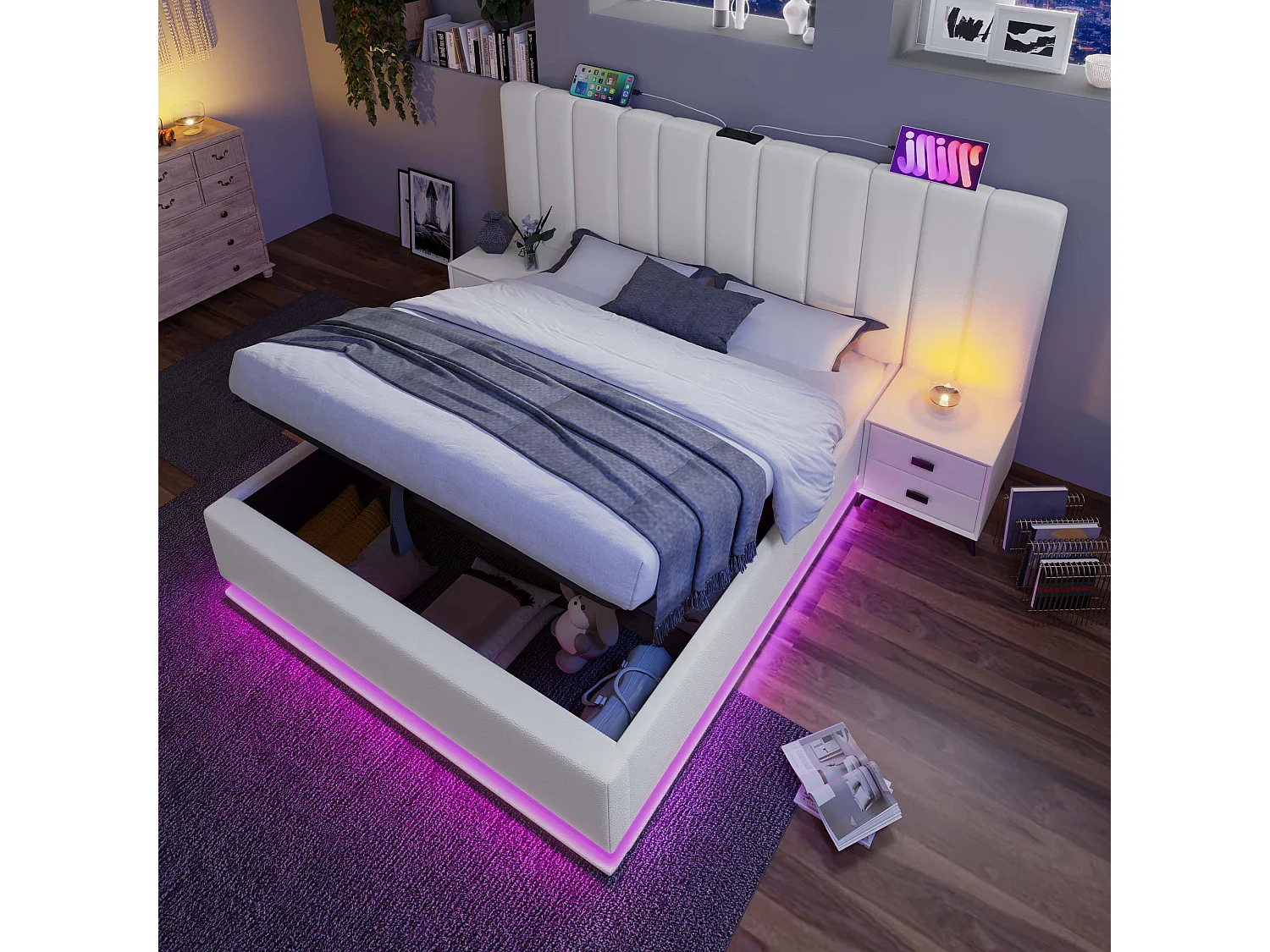 Lit coffre 160x200 cm avec LED 360° et charge USB Type C, sommier à lattes en PU blanc (Sans matelas)