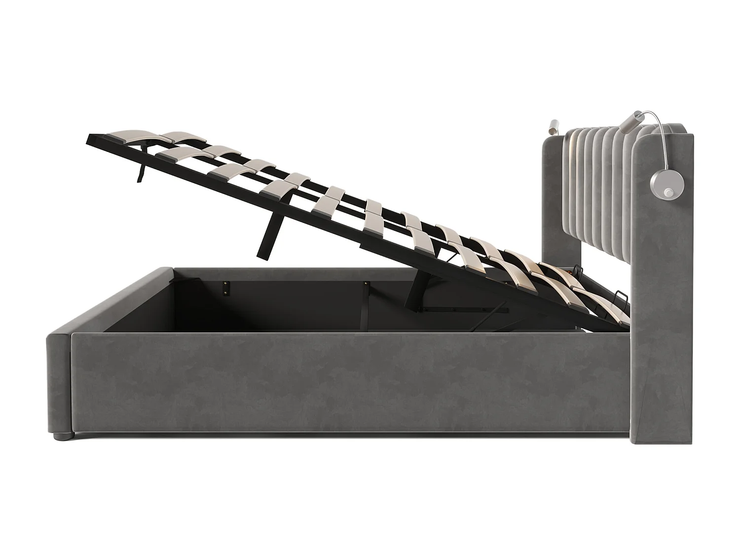 lit coffre 160x200 cm avec sommier - tête de lit rembourré USB et lumière - velours gris (sans matelas)