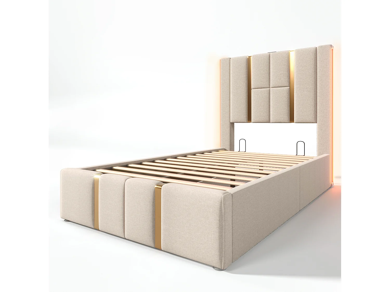Lit coffre 90x200 cm avec LED RGB, rangement, ports USB et Type C, tissu en lin beige (Sans matelas)