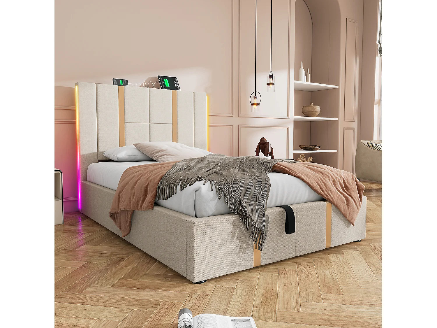 Lit coffre 90x200 cm avec LED RGB, rangement, ports USB et Type C, tissu en lin beige (Sans matelas)