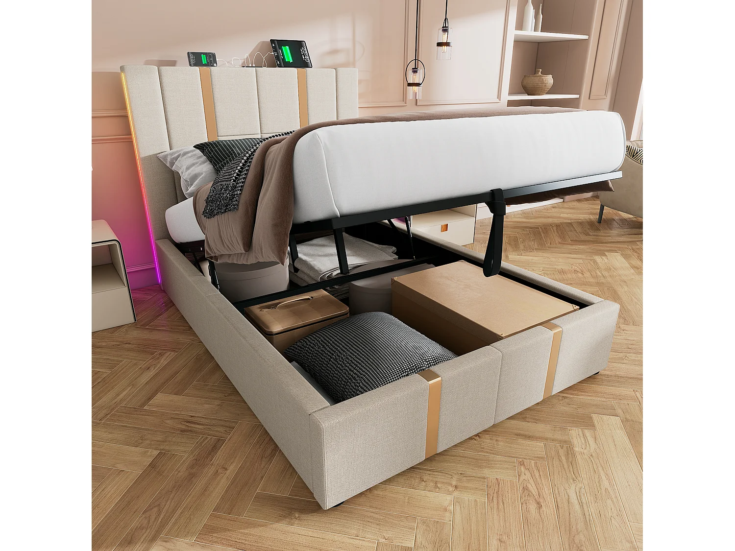 Lit coffre 90x200 cm avec LED RGB, rangement, ports USB et Type C, tissu en lin beige (Sans matelas)