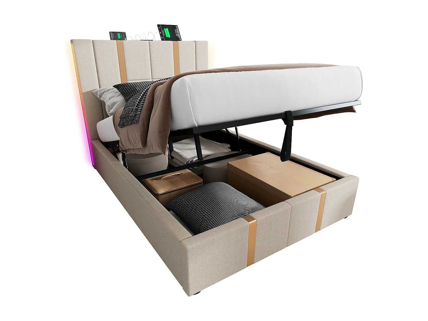 Lit coffre 90x200 cm avec LED RGB, rangement, ports USB et Type C, tissu en lin beige (Sans matelas)
