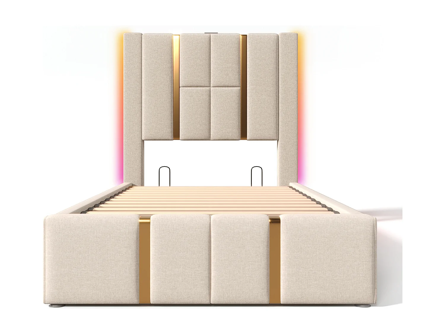 Lit coffre 90x200 cm avec LED RGB, rangement, ports USB et Type C, tissu en lin beige (Sans matelas)