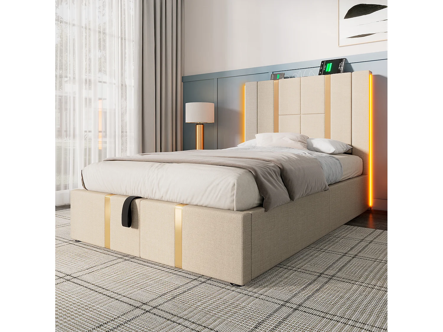 Lit coffre 90x200 cm avec LED RGB, rangement, ports USB et Type C, tissu en lin beige (Sans matelas)