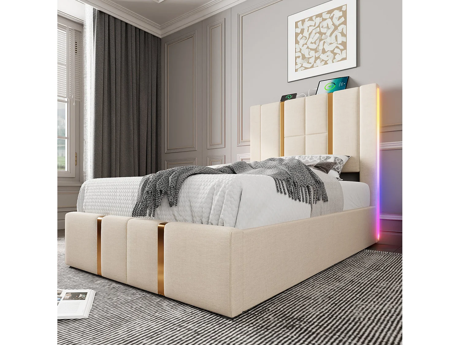 Lit coffre 90x200 cm avec LED RGB, rangement, ports USB et Type C, tissu en lin beige (Sans matelas)