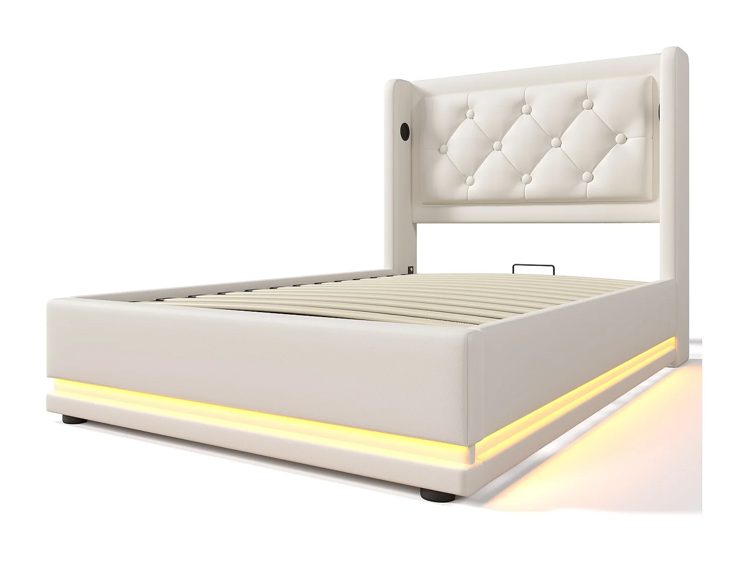 Lit coffre 90x200 cm avec sommier - tête de lit capitonnée avec USB et LED - similicuir - blanc (sans matelas)