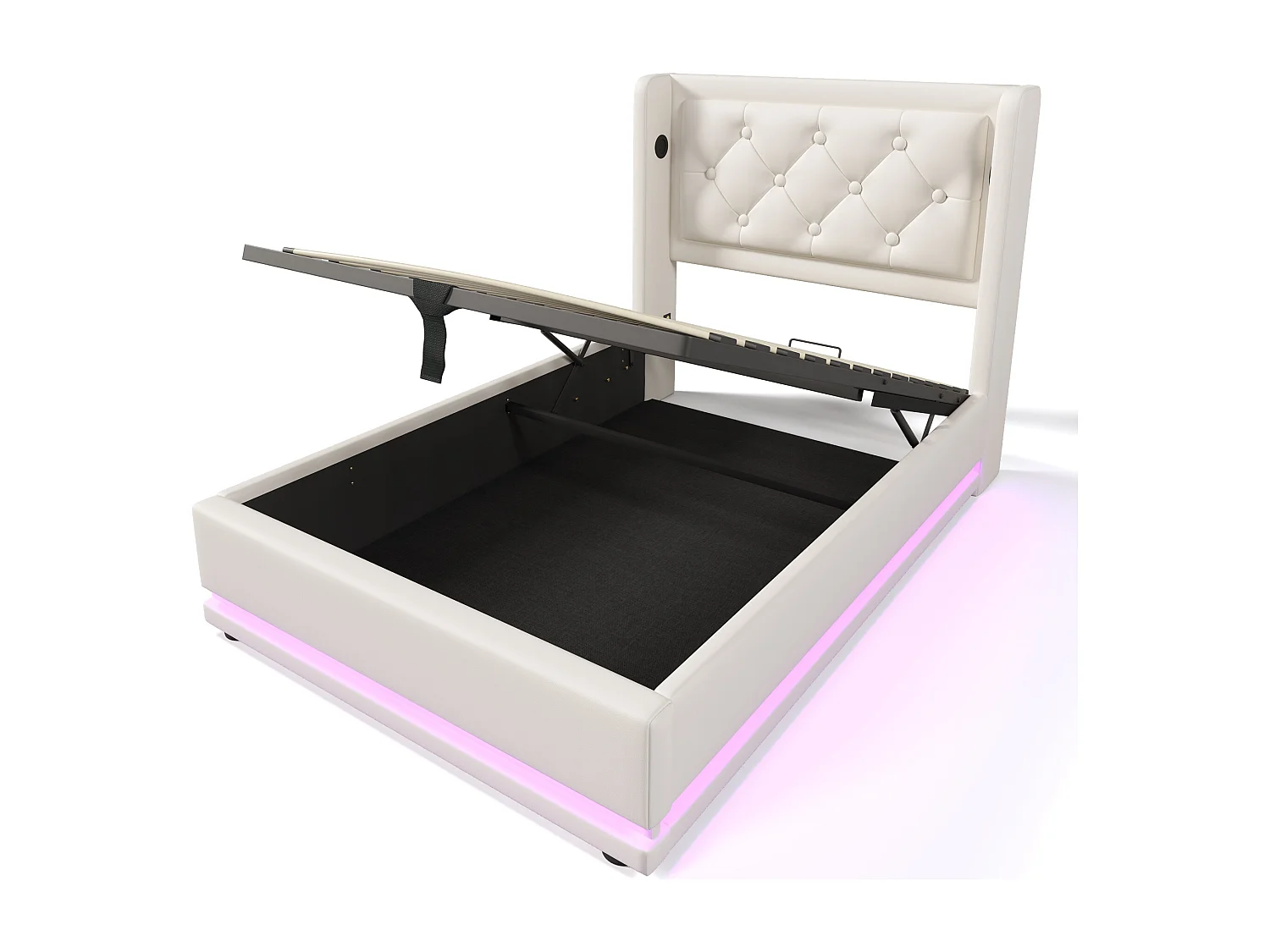 Lit coffre 90x200 cm avec LED 3 côtés, ports USB et USB Type C, PU blanc (Sans matelas)