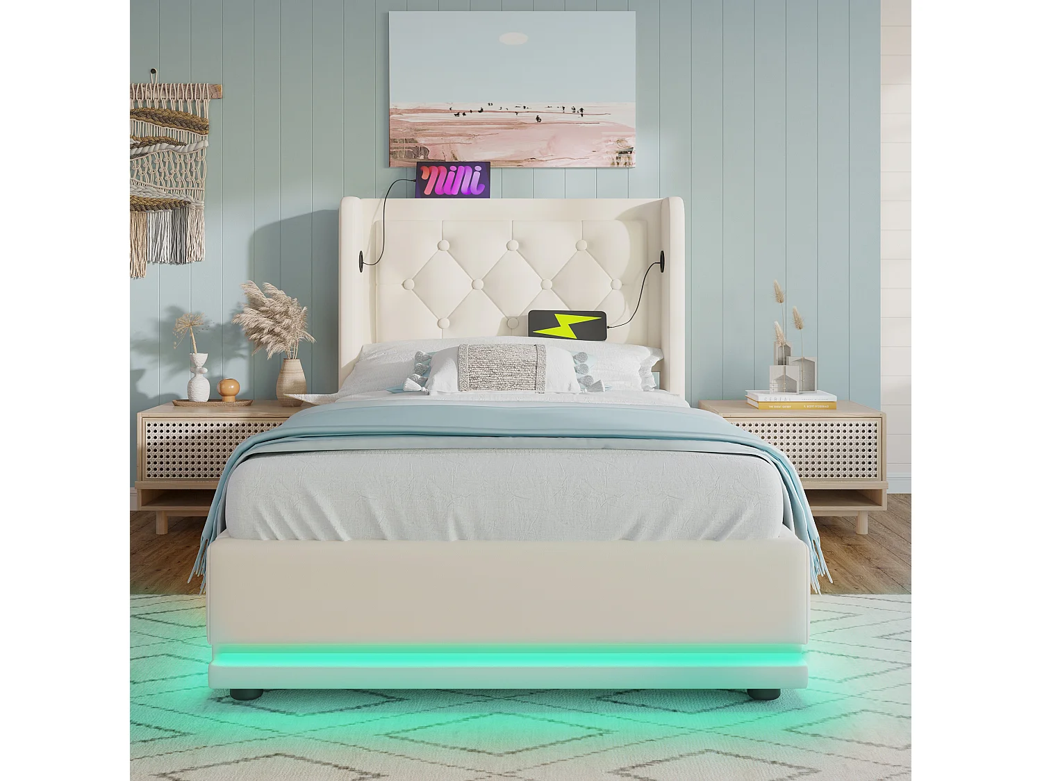 Lit coffre 90x200 cm avec LED 3 côtés, ports USB et USB Type C, PU blanc (Sans matelas)
