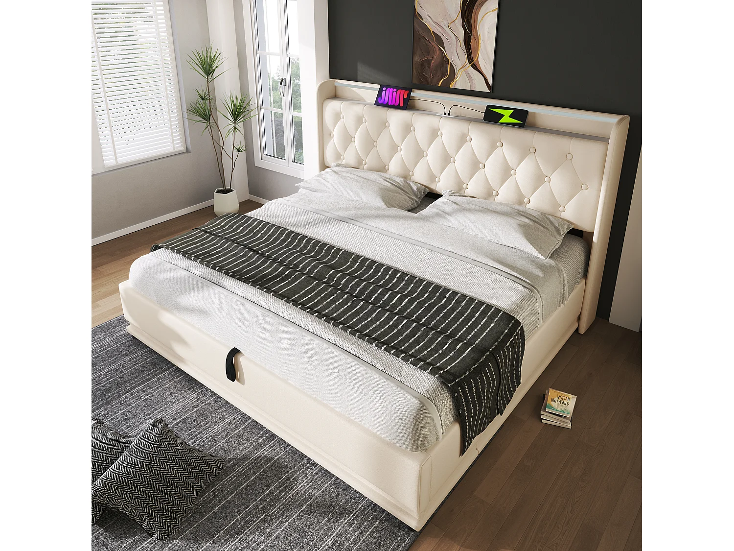 Lit coffre 140x200 cm avec LED 360° et rangement hydraulique, ports USB Type C, PU blanc (Avec matelas)