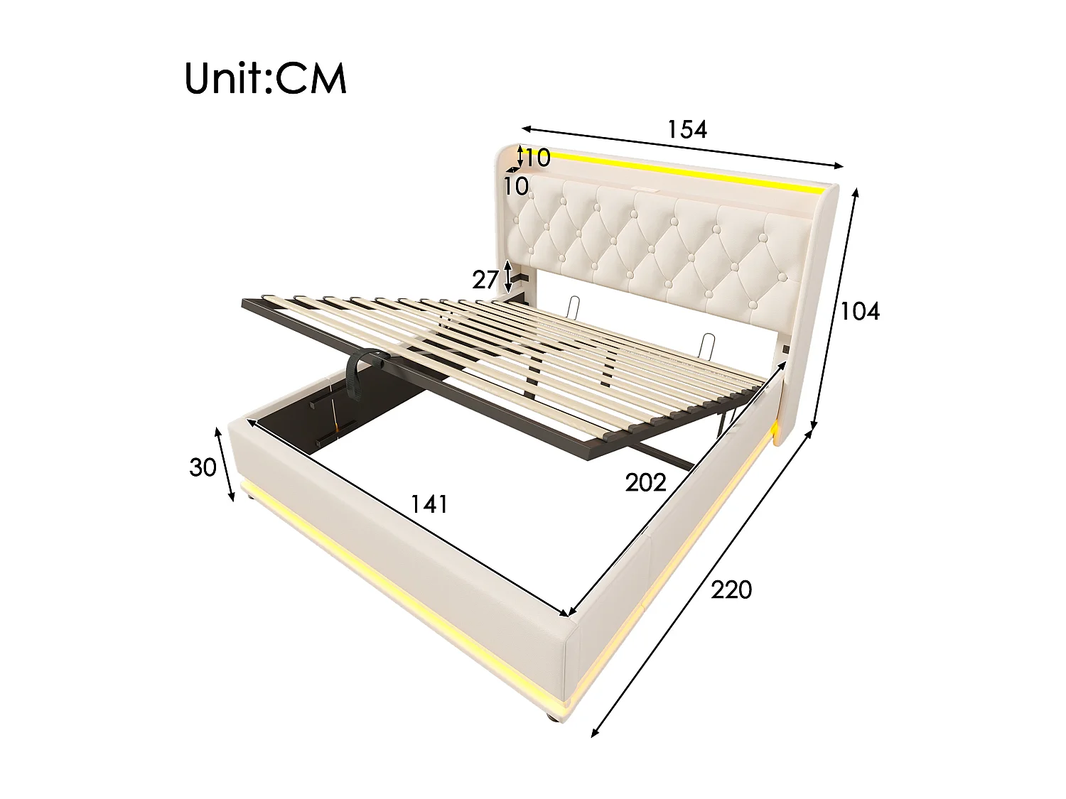 Lit coffre 140x200 cm avec LED 360° et rangement hydraulique, ports USB Type C, PU blanc (Avec matelas)