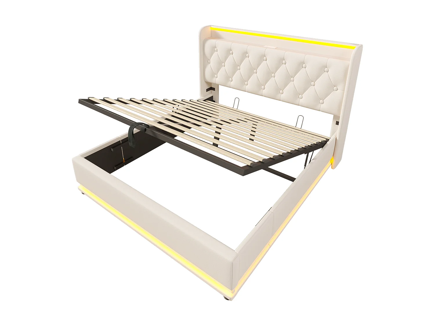 Lit coffre 140x200 cm avec LED 360° et rangement hydraulique, ports USB Type C, PU blanc (Avec matelas)