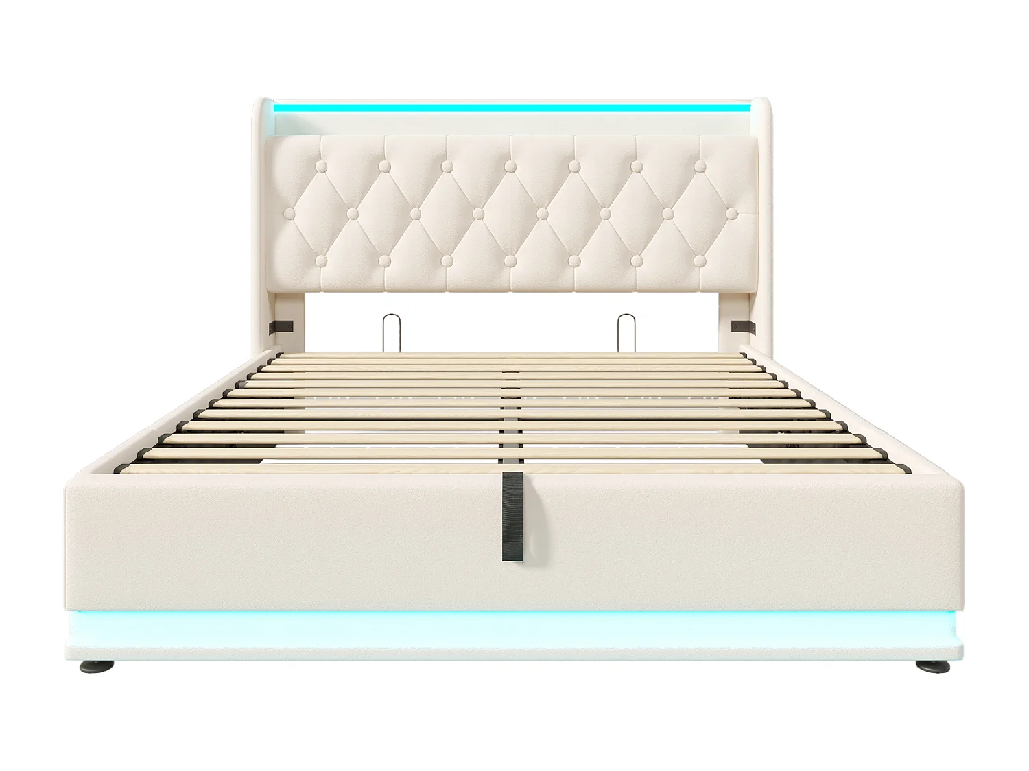 Lit coffre 140x200 cm avec LED 360° et rangement hydraulique, ports USB Type C, PU blanc (Avec matelas)