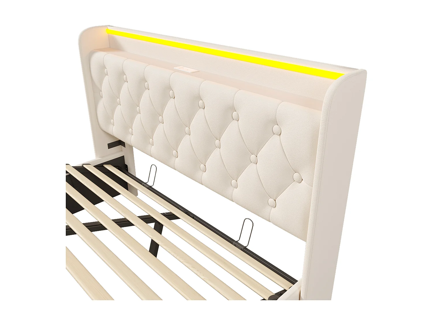 Lit coffre 140x200 cm avec LED 360° et rangement hydraulique, ports USB Type C, PU blanc (Avec matelas)