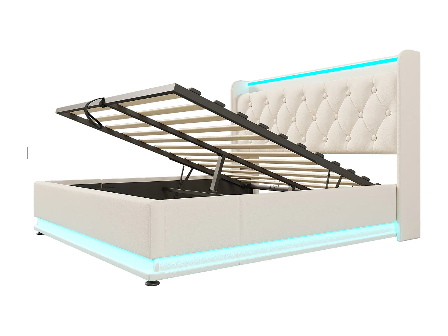 Lit coffre 140x200 cm avec LED 360° et rangement hydraulique, ports USB Type C, PU blanc (Avec matelas)