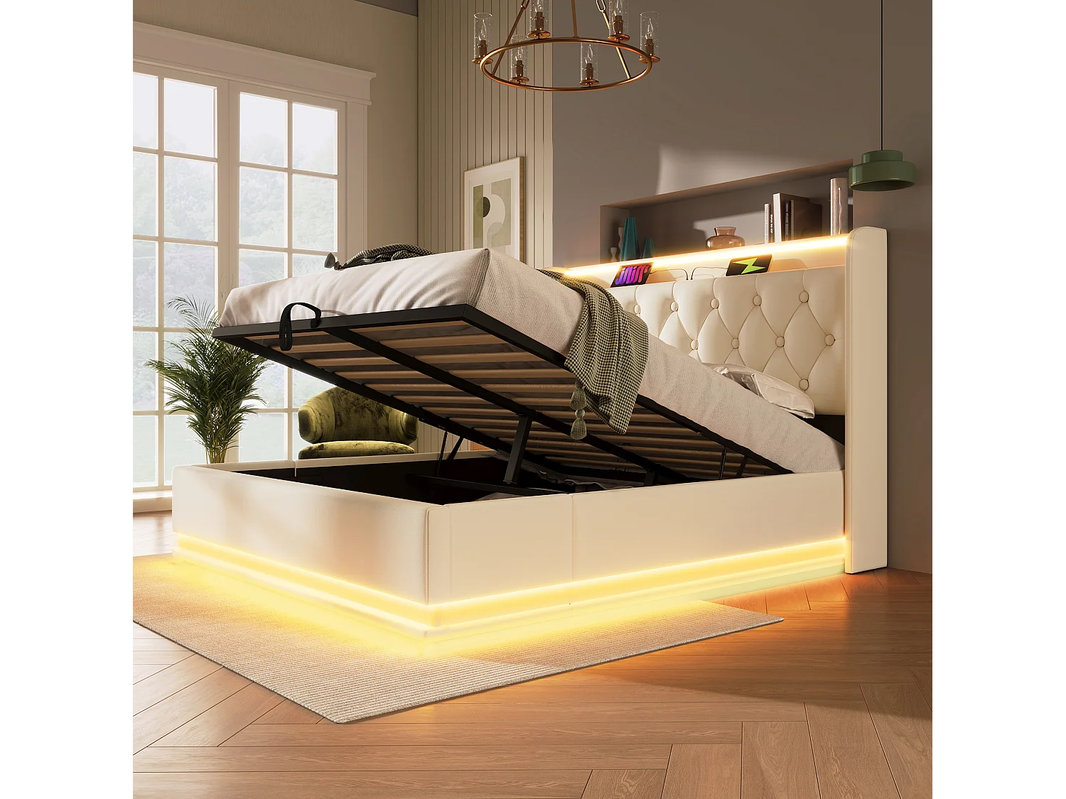 Lit coffre 140x200 cm avec LED 360° et rangement hydraulique, ports USB Type C, PU blanc (Avec matelas)