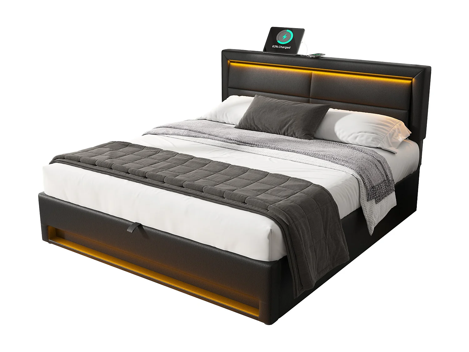 Lit coffre 140x200 cm avec USB, LED et rangement, sommier à lattes stable, PU noir (Sans matelas)