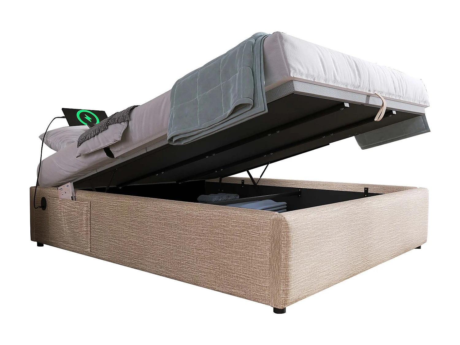 Lit coffre 140x200 cm sans tête de lit - avec USB et rangement latéral - lin - beige (sans matelas)