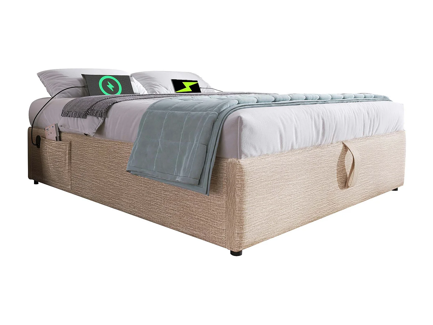 Lit coffre 140x200 cm, chargement USB et Type C, sans tête de lit, lin et bois massif, beige et naturel(Sans matelas)