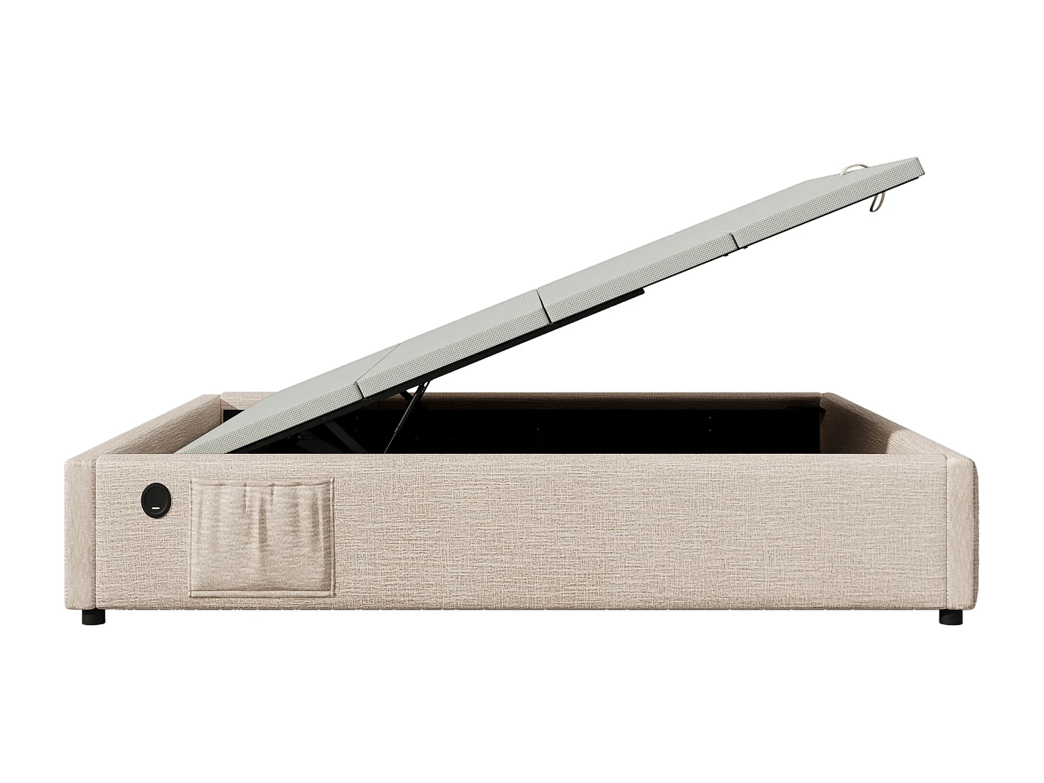 Lit coffre 140x200 cm, chargement USB et Type C, sans tête de lit, lin et bois massif, beige et naturel(Sans matelas)