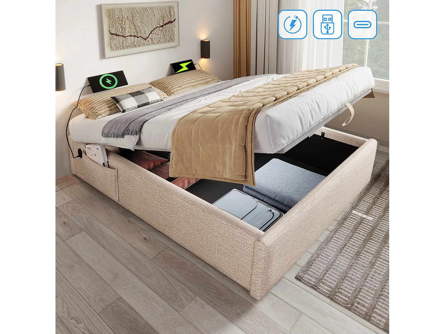 Lit coffre 140x200 cm, chargement USB et Type C, sans tête de lit, lin et bois massif, beige et naturel(Sans matelas)
