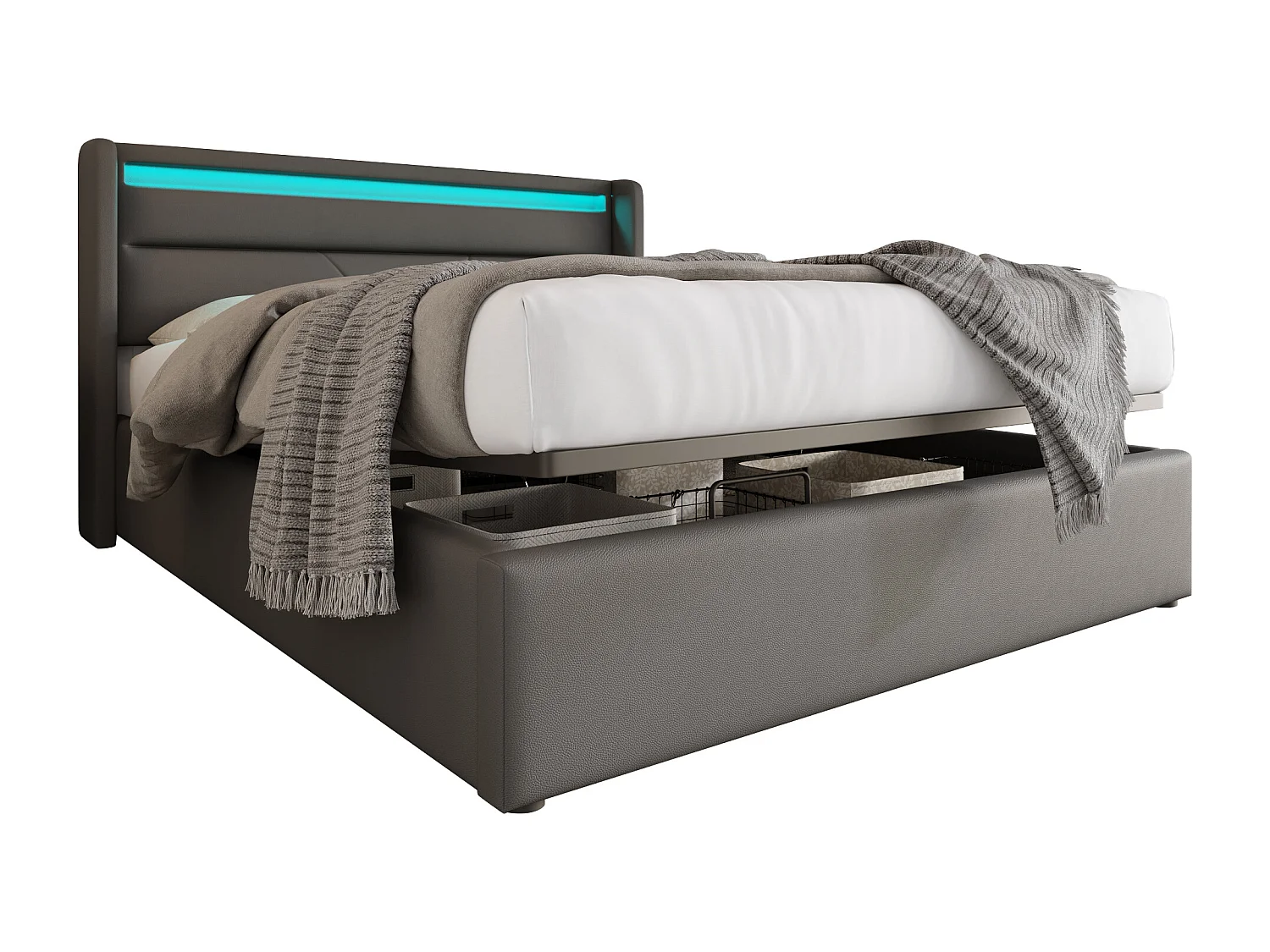 Lit coffre 160x200 cm, tête de lit LED avec télécommande, sommier relevable hydraulique, PU gris (Sans matelas)