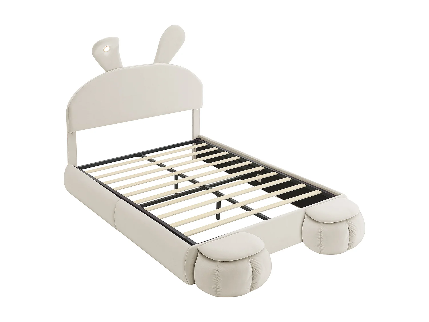 Lit double 140x200 cm, coffre hydraulique, LED réglable, 2 tabourets de rangement, velours beige (Sans matelas)