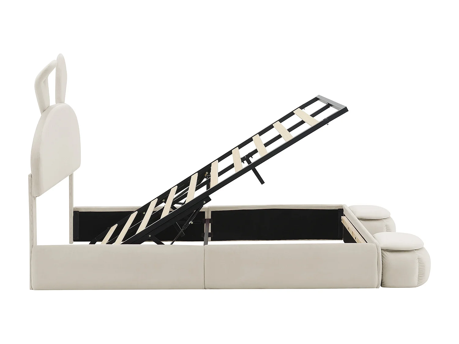 Lit double 140x200 cm, coffre hydraulique, LED réglable, 2 tabourets de rangement, velours beige (Sans matelas)
