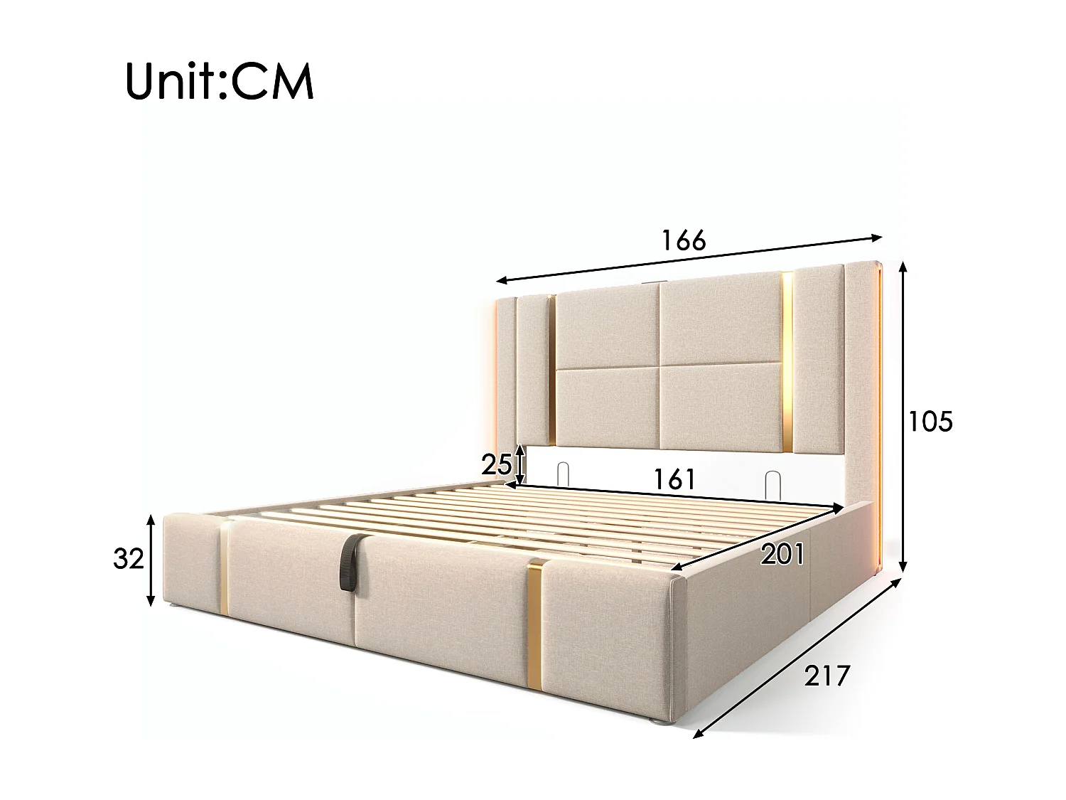 Lit coffre 160x200 cm, LED RGB, ports USB et USB C, tête de lit, lin beige(Sans matelas)